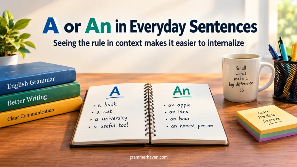 A or An in Everyday SentencesSeeing the rule in context makes it easier to internalize